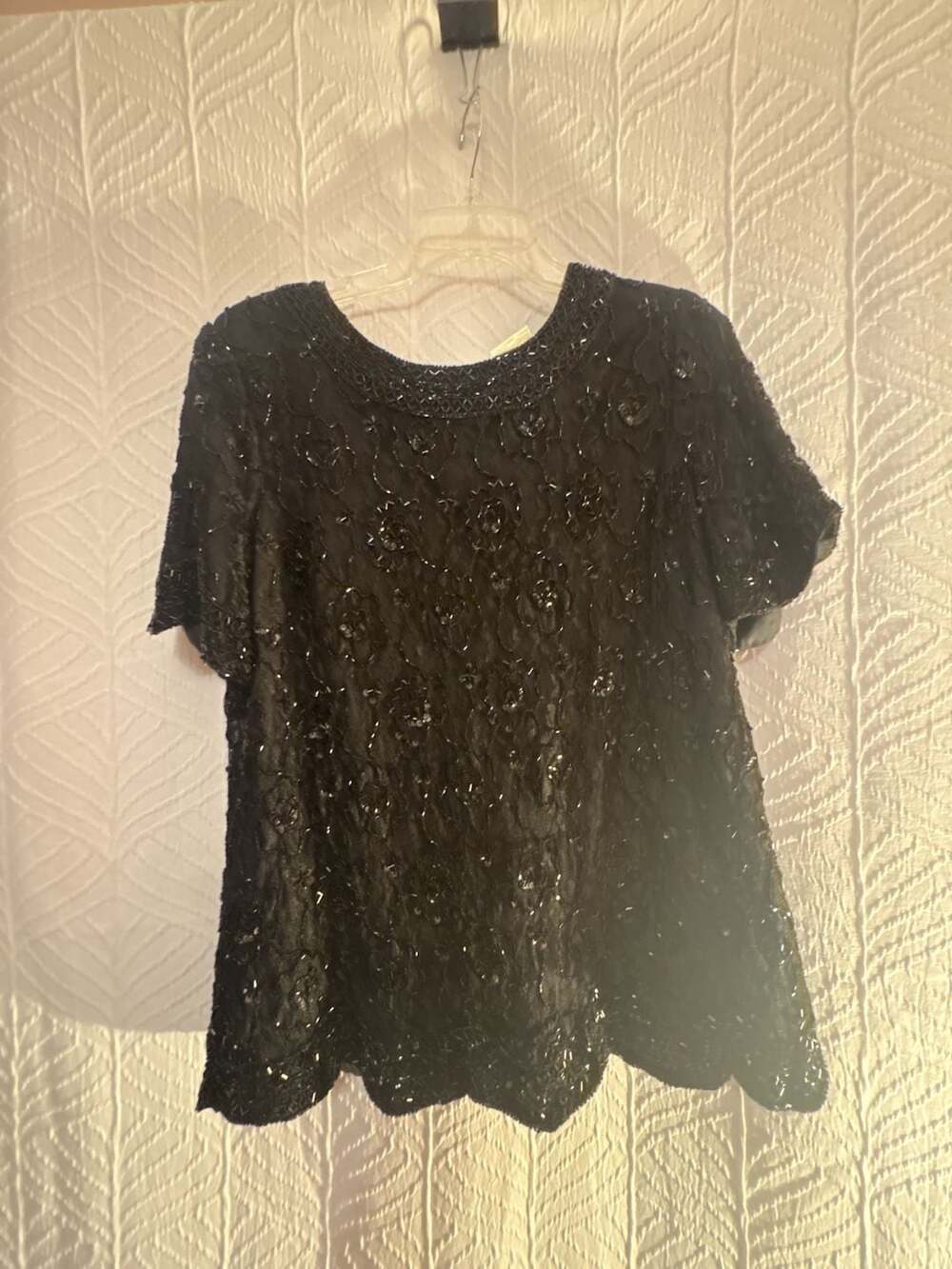 Candlelight & Champagne Vintage Black Beaded Sequin Floral Lace Short Sleeve Blo
